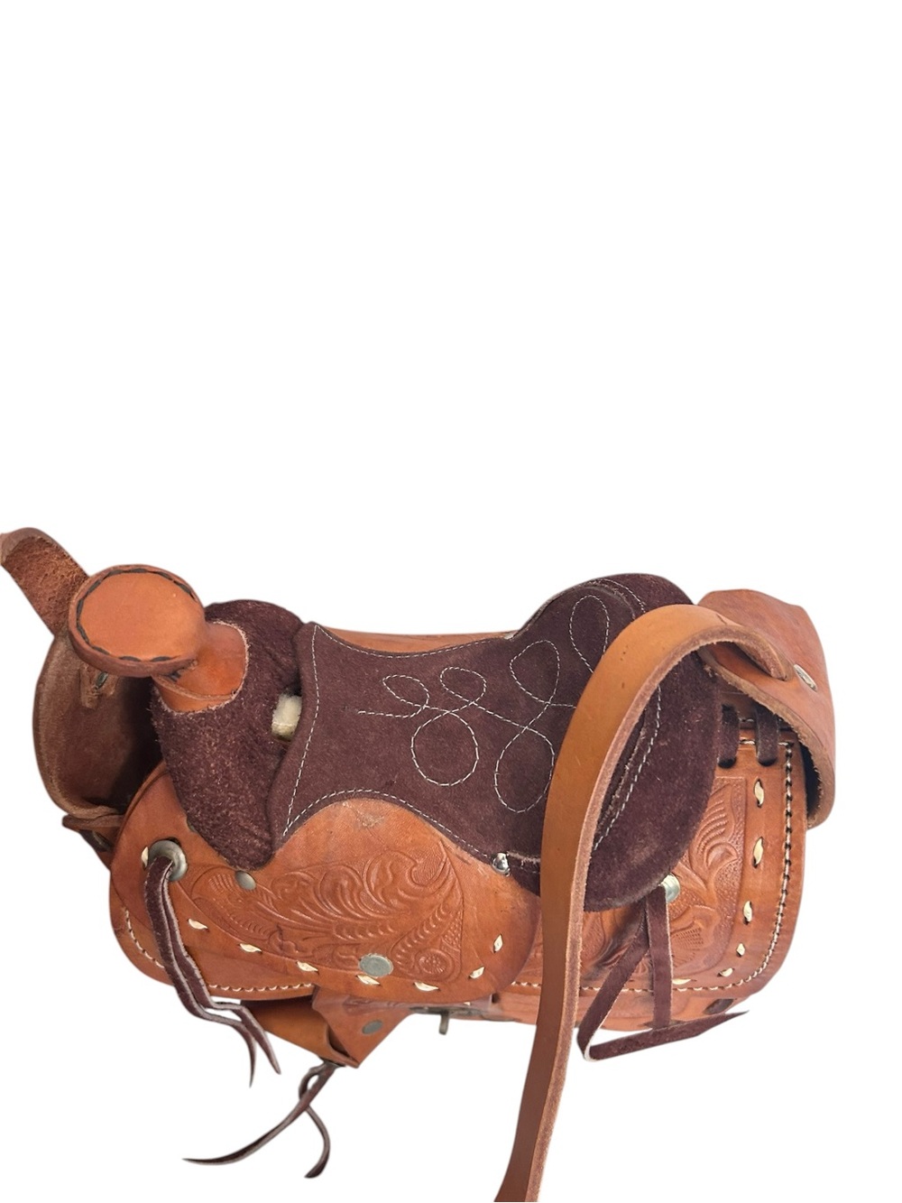 Horse Saddle Shoulder Bag Hand Tooled Brown Suede And Tan Leather Purse Vintage - Picture 9 of 16